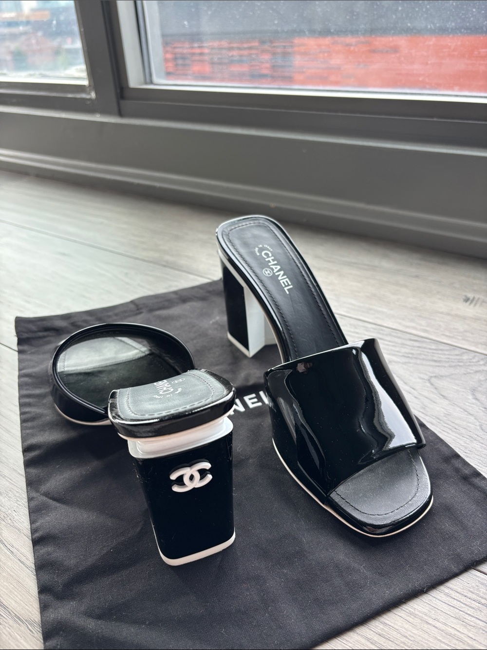 CHANEL Black Patent Leather Block Heel Mules